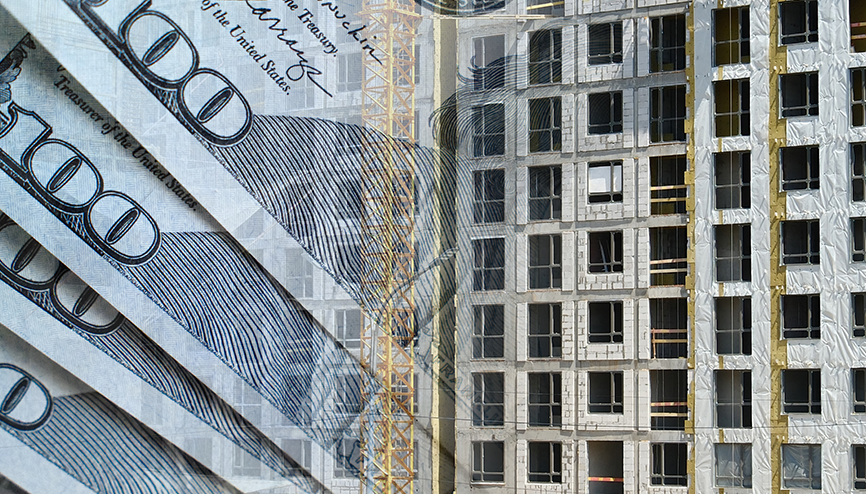 Commercial real estate building with financial data overlay representing lending analysis and investment